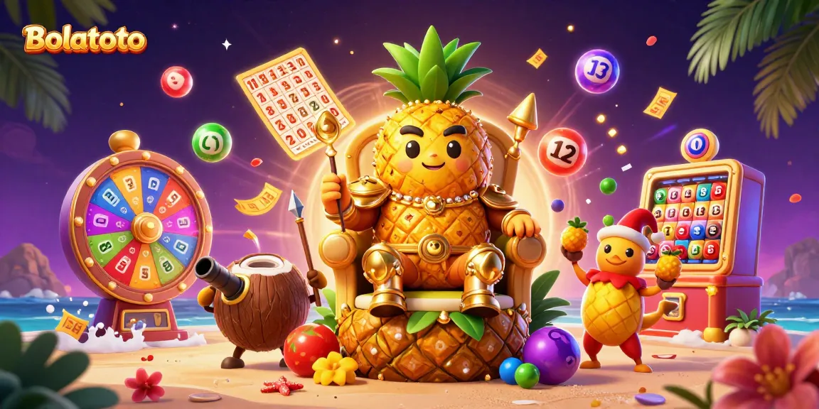 Engage with Bolatoto's vibrant beach casino featuring a golden pineapple king and dynamic game elements.