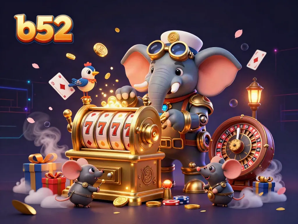 Spin to win with b52 in a colorful casino scene featuring a steampunk elephant and slot elements.