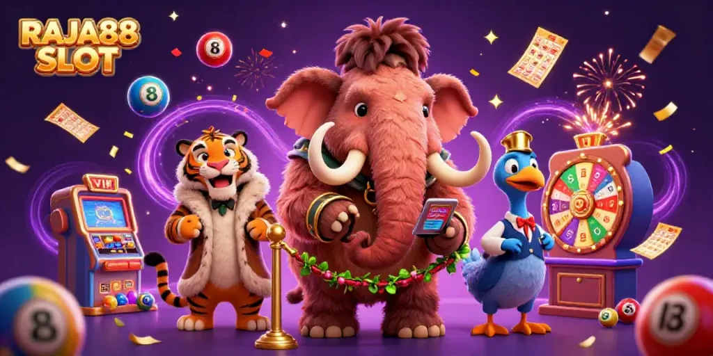 Engage with RAJA88 SLOT's vibrant casino scene featuring a woolly mammoth checking IDs.