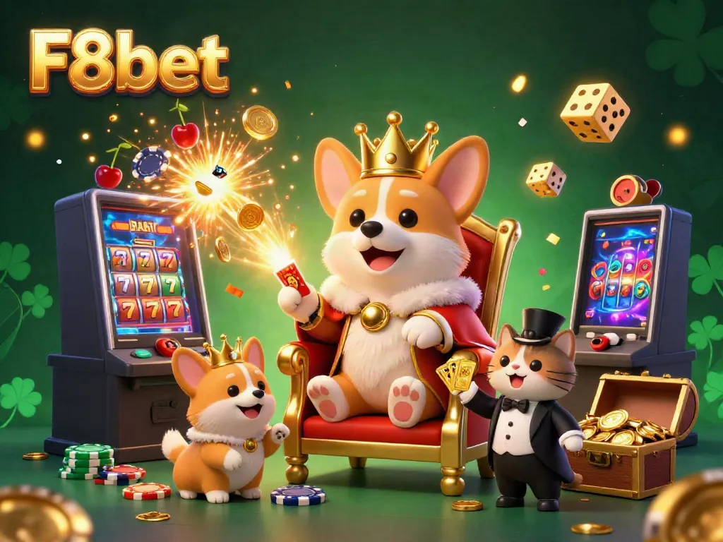 Experience exhilarating gaming moments at F8bet with a royal corgi on a poker chip throne, surrounded by thrilling casino elements.