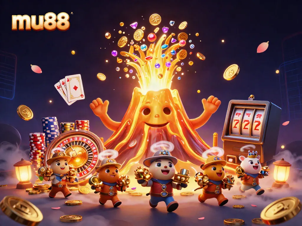 Win big at mu88 with the golden volcano erupting treasures in this vibrant casino scene.