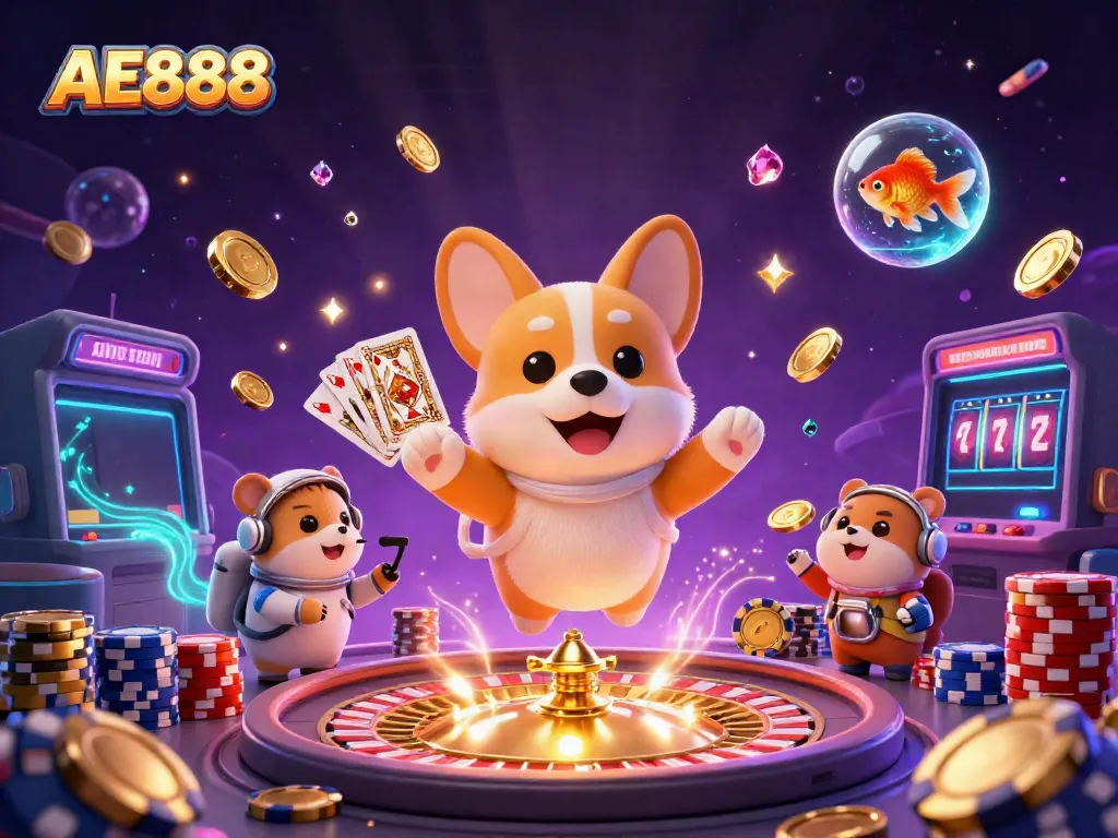 Experience the excitement of AE888 with a playful astronaut corgi in a dynamic casino scene filled with games.