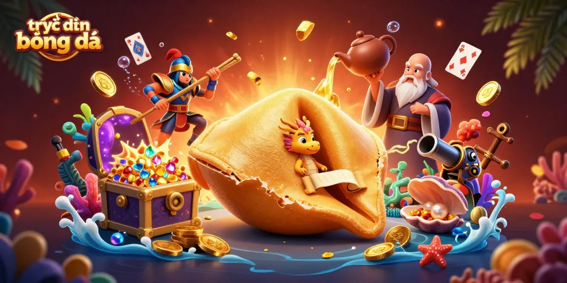 Experience trực tiếp bóng đá excitement with a 3D illustration of golden treasures and vibrant gaming elements.