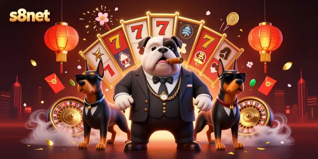 Join the action with s8net's vibrant casino world, featuring lively characters and game elements.