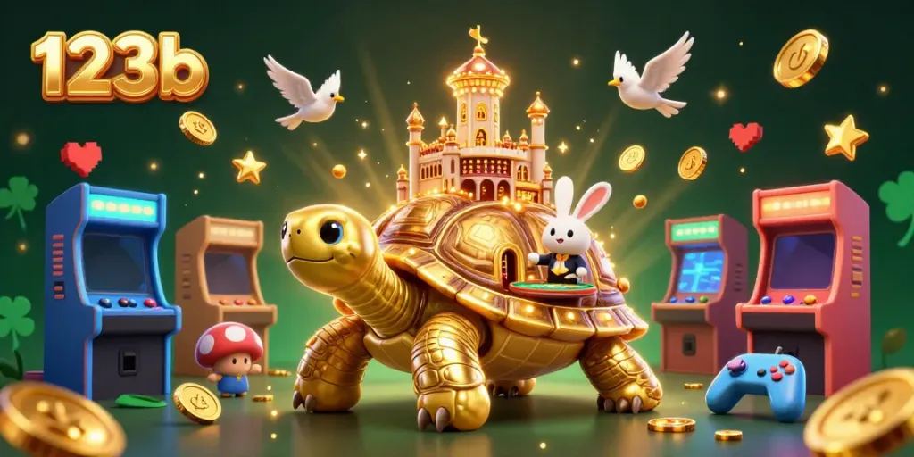 Experience thrilling moments with 123b's vibrant casino scene featuring a lively rabbit dealer and golden tortoise.