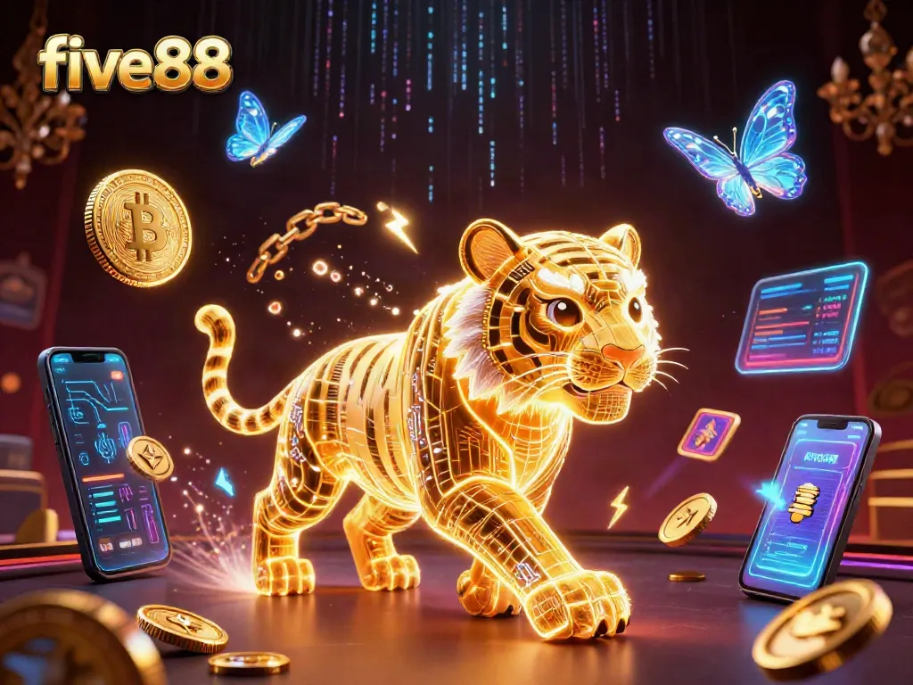 Engage in thrilling gameplay at five88 with a dazzling 3D casino illustration featuring vibrant characters and crypto elements.