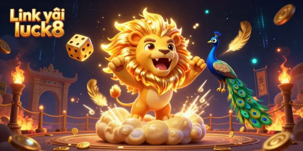 Link vào luck8 highlights a majestic lion and golden dice in a vibrant casino atmosphere.