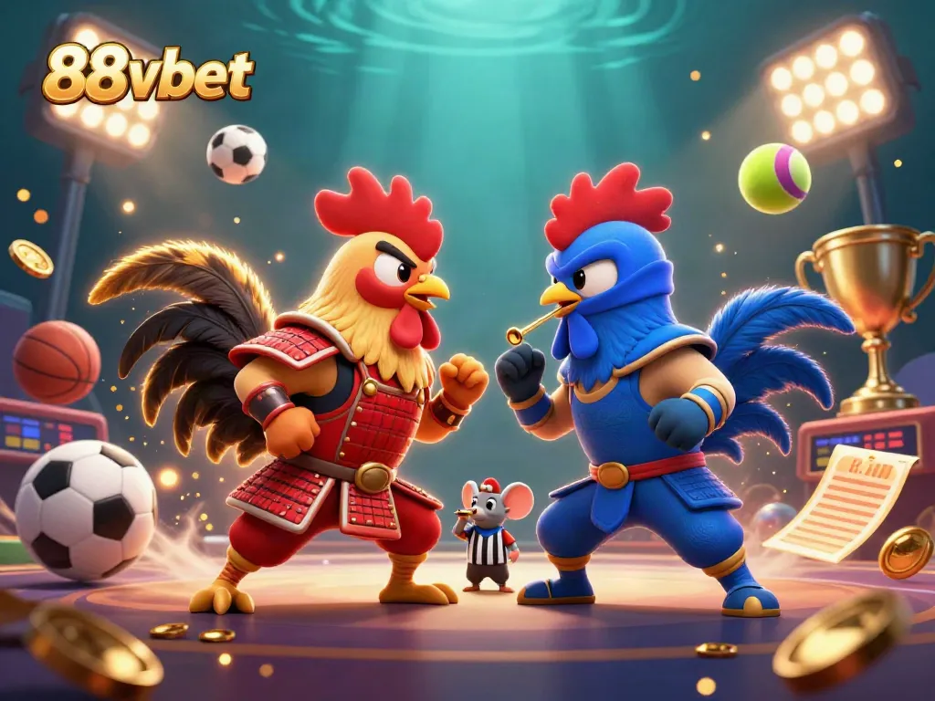 88vbet showcases a dramatic standoff between samurai and ninja roosters in a lively, animated casino scene.