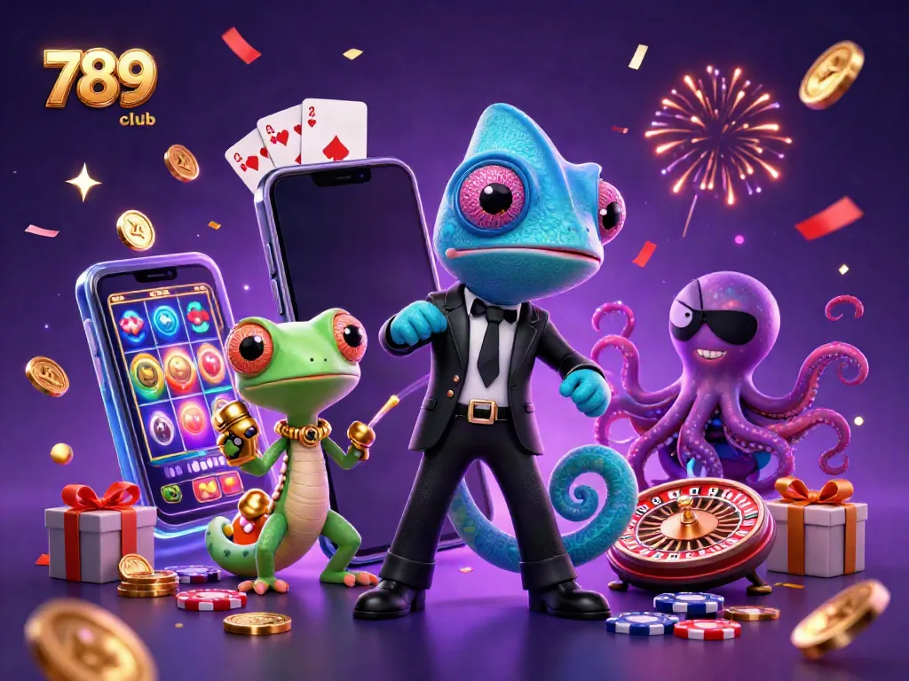 Experience the thrilling games at 789club with a dynamic 3D illustration featuring colorful casino elements.