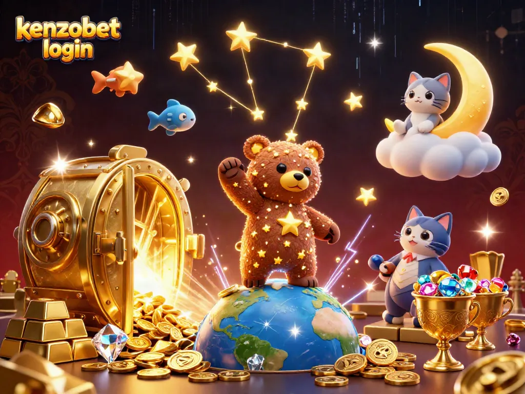 Experience winning with kenzobet login, featuring golden treasures and stars in a vibrant online casino scene.