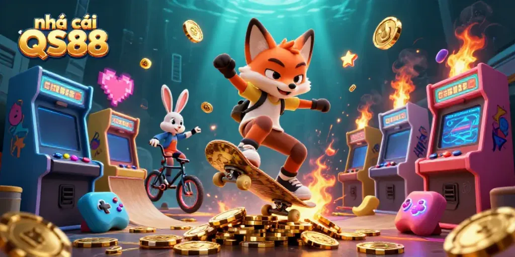 Engage with the vibrant world of nhà cái QS88 featuring a skateboarder fox and BMX rabbit amidst casino-themed graphics.