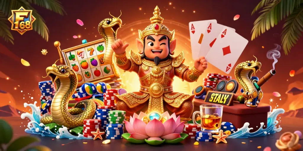 Spin the reels with F 168's captivating slots featuring vibrant lucky 7s and golden guardians.