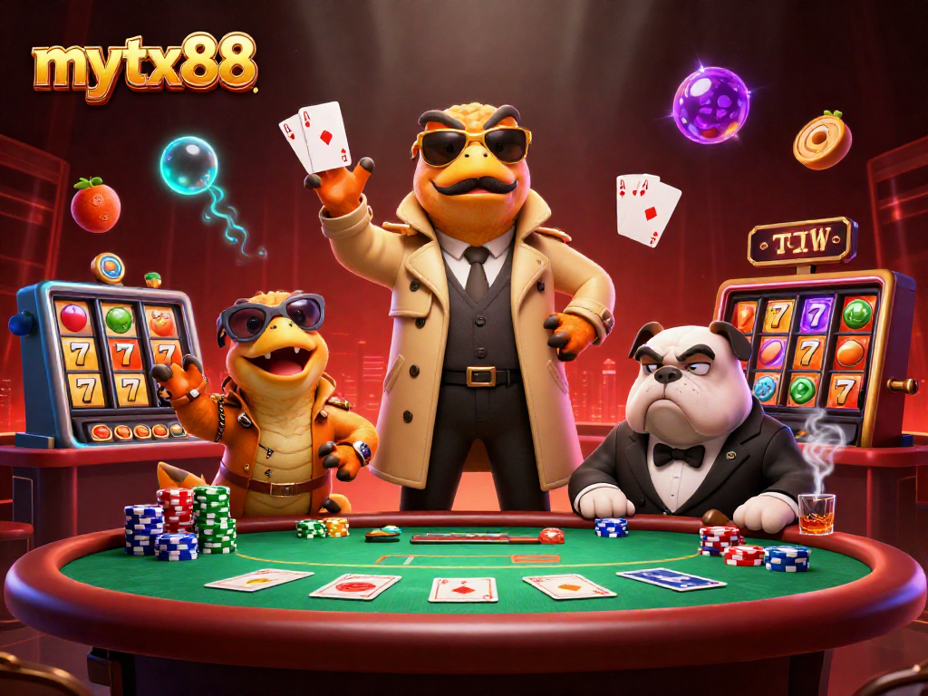Join the fun at mytx88 with raptors in a trench coat seeking a VIP casino experience.
