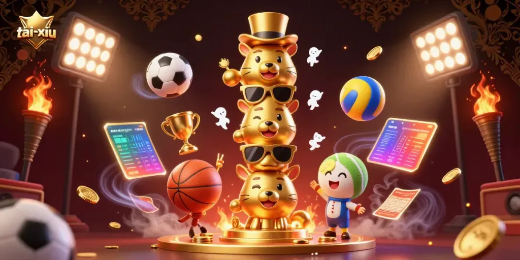 Experience exciting tai-xiu sports betting with vibrant 3D elements and a golden totem in action.