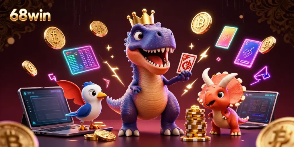 Experience the thrill of 68win with a T-Rex shuffling cards while a triceratops stacks winning chips.