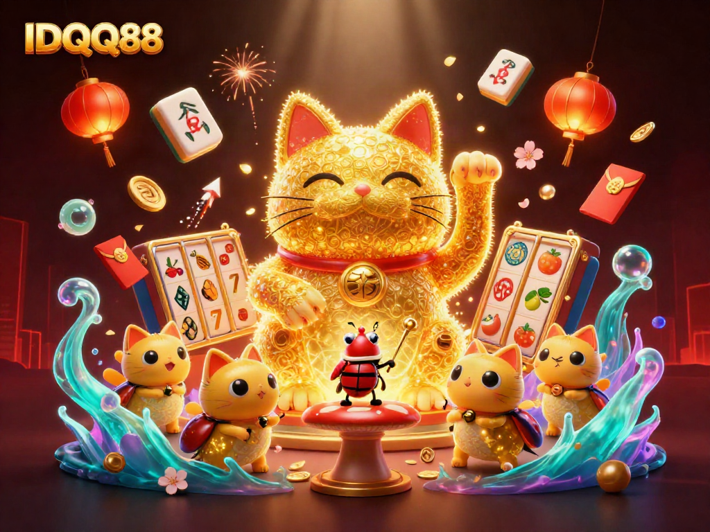Engage with IDQQ88 as a vibrant lucky cat and fireflies create a captivating casino environment.