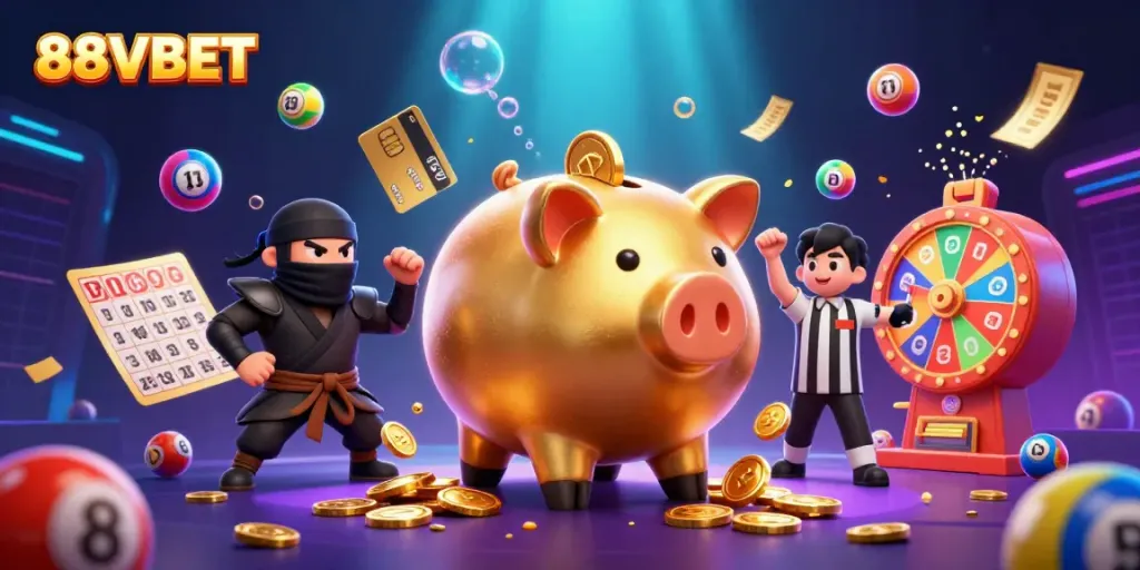 Experience thrilling gameplay with 88VBET as a golden sumo piggy bank stamps into a cascade of confetti and lottery balls.