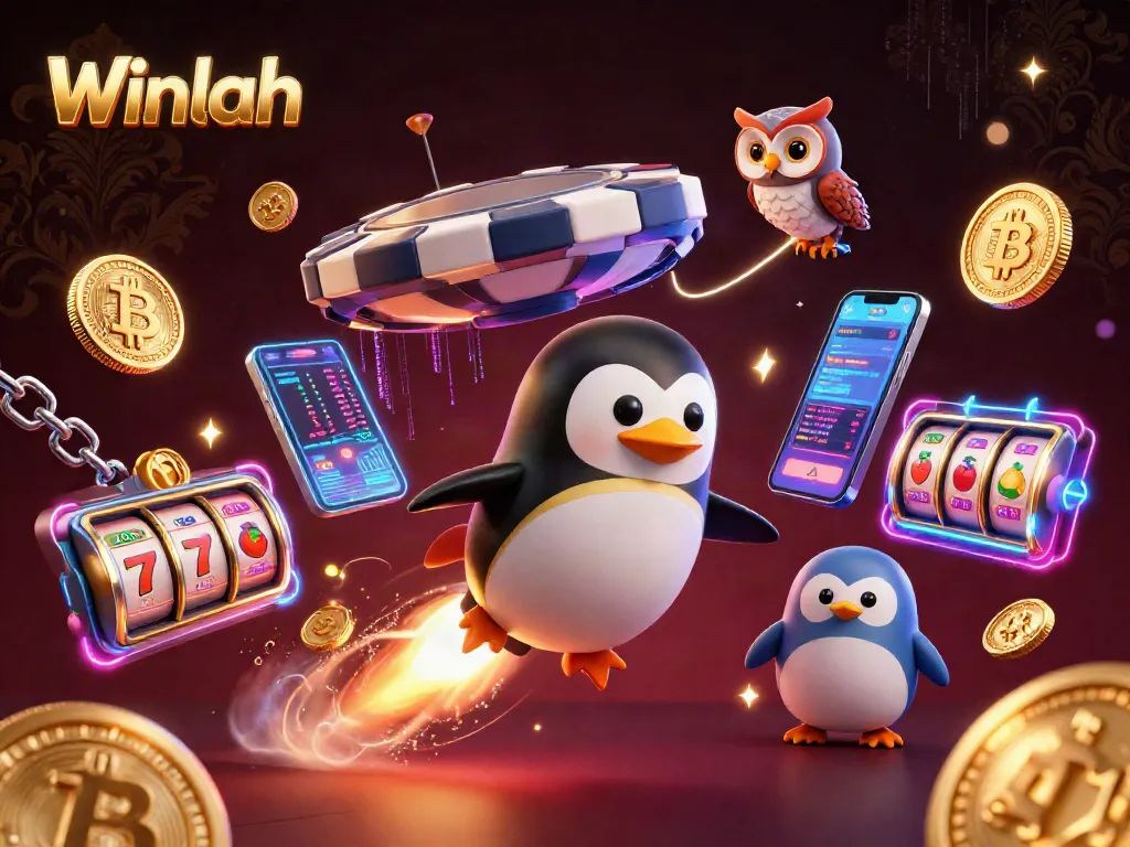 Winlah captures the excitement of gaming with a golden penguin racing to a casino space station.
