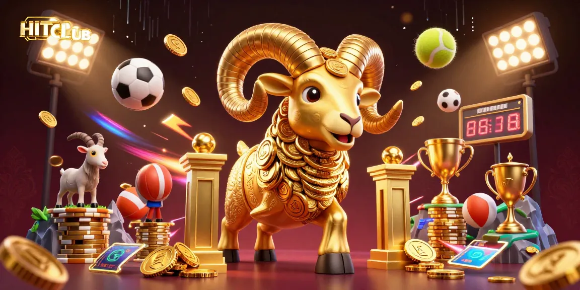 Hitclub showcases captivating golden ram and sports elements in a vibrant casino scene