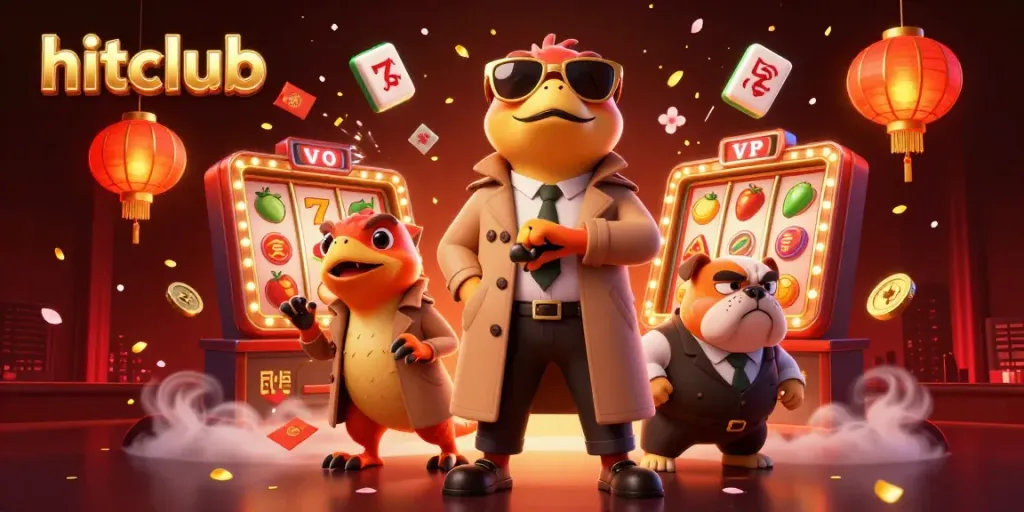 Join the fun at hitclub with three raptors in a trench coat amid vibrant casino elements.