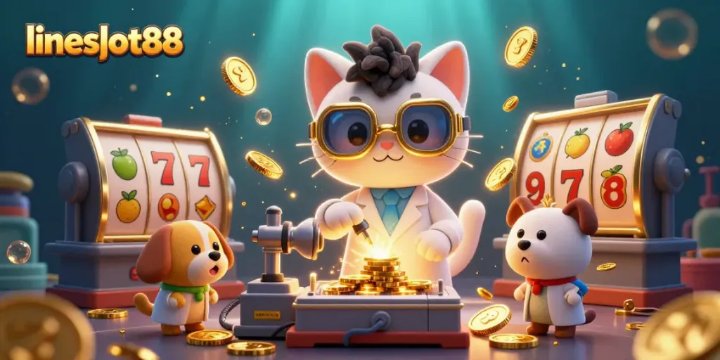 Experience slots excitement with lineslot88 featuring a mad scientist cat and gameplay elements.