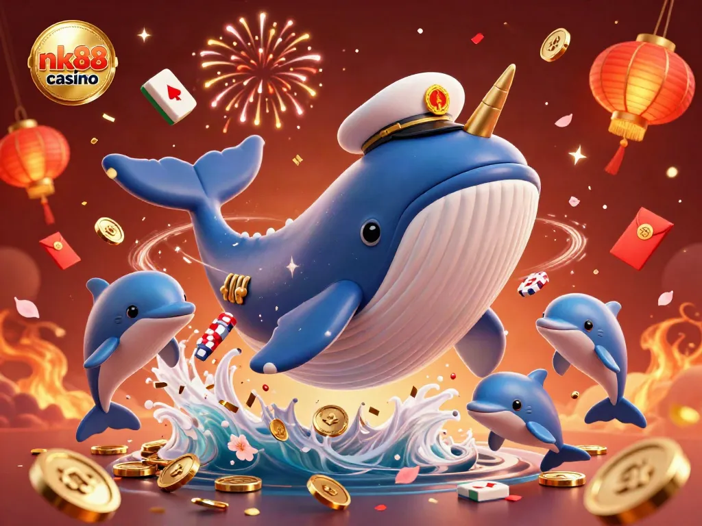 Engage in vibrant nk88 casino adventures with cartoon whale and dolphins amidst a sea of coins.