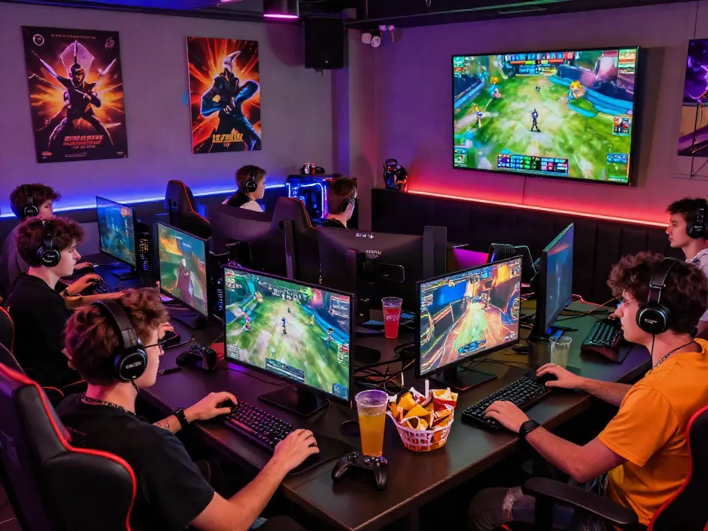 Friends enjoying multiplayer games at kilat404 gaming lounge with vibrant LED lights.
