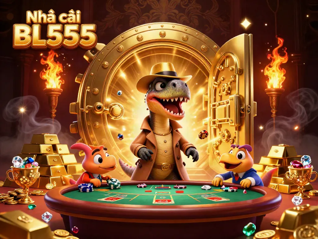 This dynamic scene showcases Nhà cái BL555 with a velociraptor card counter at the blackjack table amidst treasure, creating an exciting gambling atmosphere.