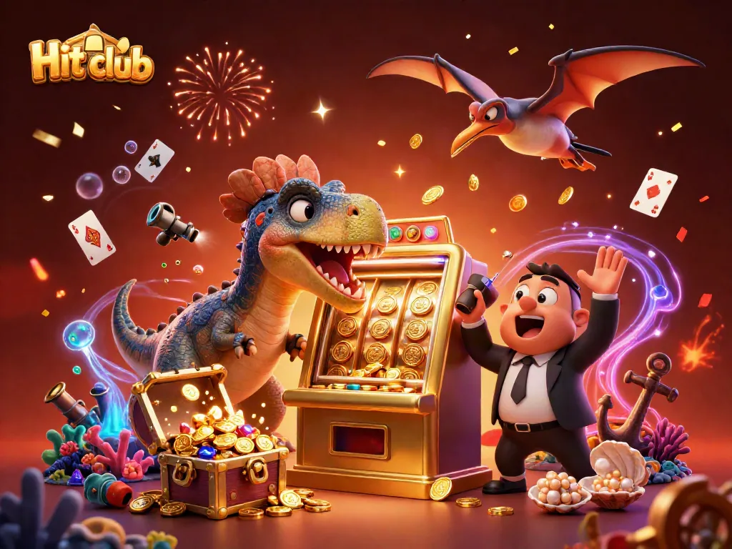 Hit club features a colorful 3D scene with characters celebrating a jackpot at a slot machine.