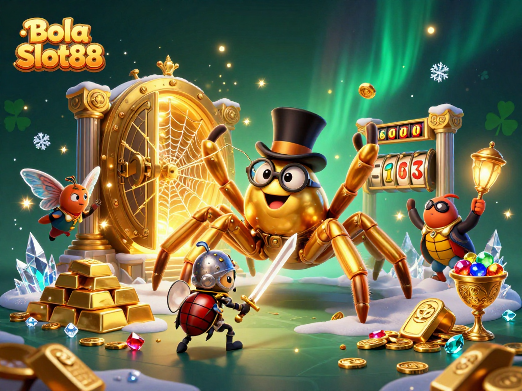 Bola Slot88 showcases an epic casino battle scene with a golden tarantula and beetle knight amid shining slot reels.