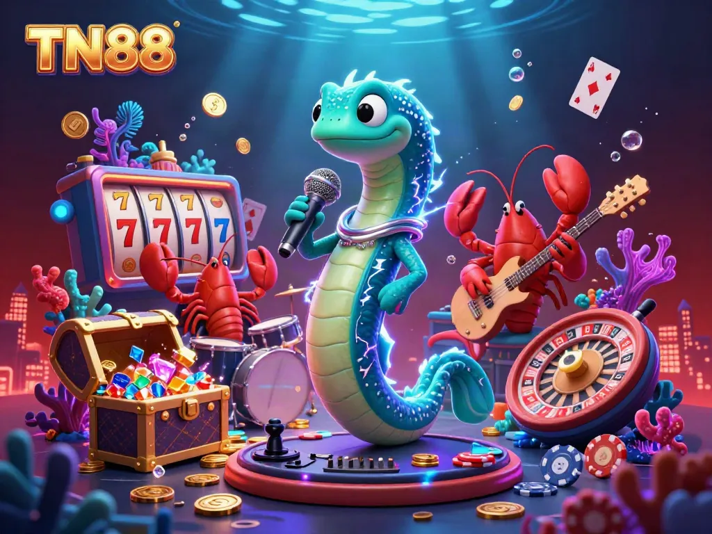 Engage with the TN88 casino experience featuring vibrant characters and winning slot symbols.