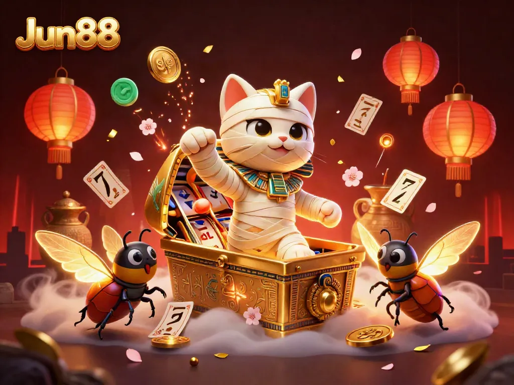 Jun88 brings excitement with a vibrant 3D scene of a mummy cat and scarab beetle in a dynamic casino setting.