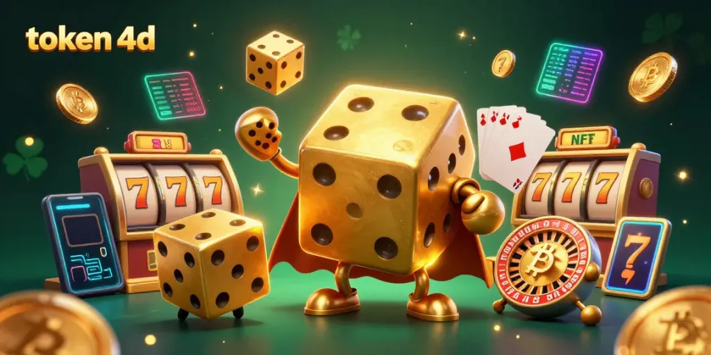 Menggulung dadu emas besar dalam permainan slot token 4d, dikelilingi oleh koin crypto dan simbol keberuntungan.