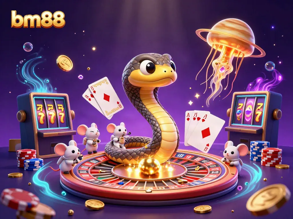 Engaging cosmic scene depicting bm88 game mechanics with cartoon characters betting in a vibrant casino atmosphere.