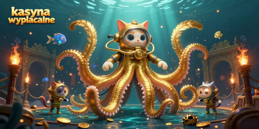 Experience thrilling action at kasyna wyplacalne with a vibrant 3D casino scene featuring a giant kraken and a diving cat.