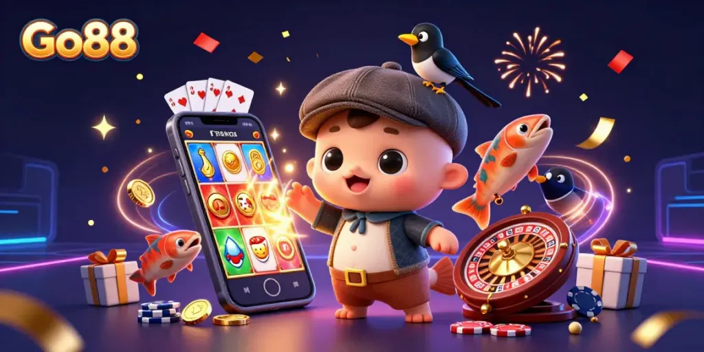Experience Go88's excitement with a playful baby Nessie and gold-obsessed magpie amidst vibrant casino elements.