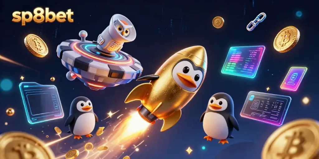 sp8bet rocket-powered penguin promotes online gambling excitement and rewards in a vibrant casino-themed space setting.