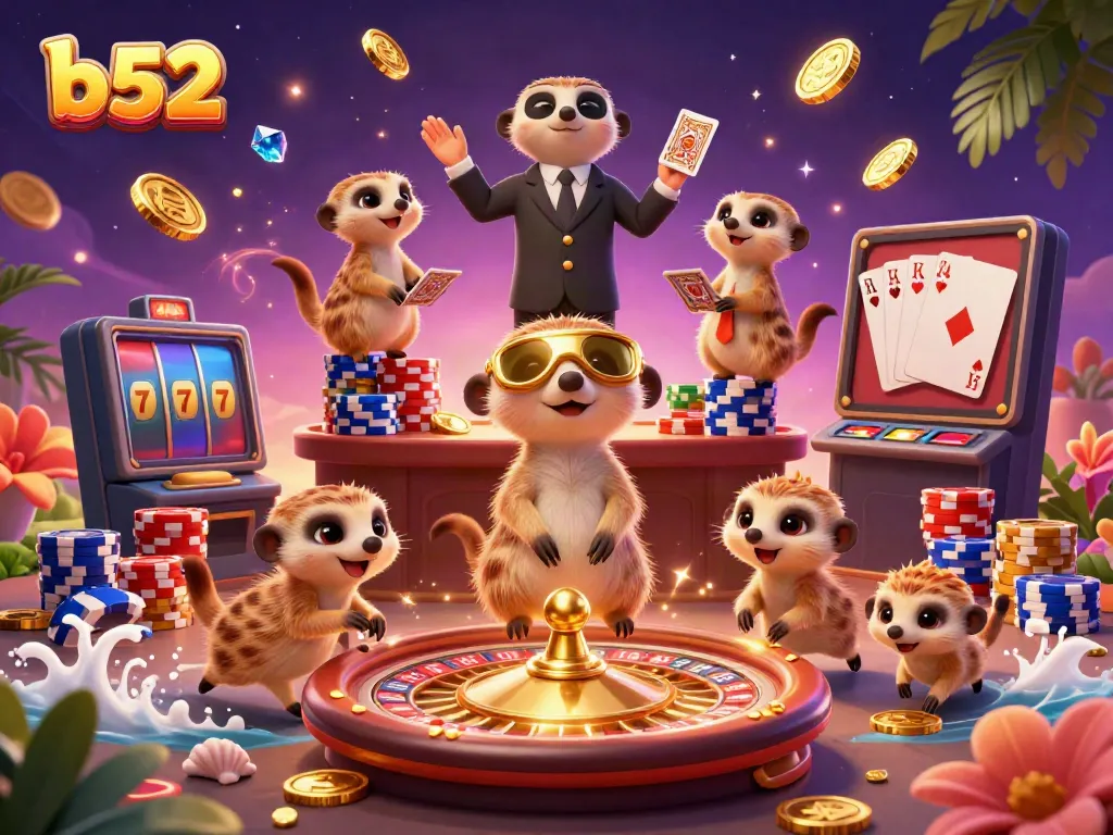 Meerkats running a vibrant casino operation showcasing b52 gaming elements in a colorful scene.