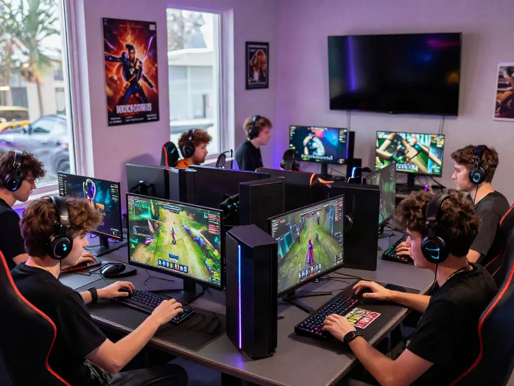 Kilat404 online gaming scene with players enjoying interactive experiences and high-end setups.