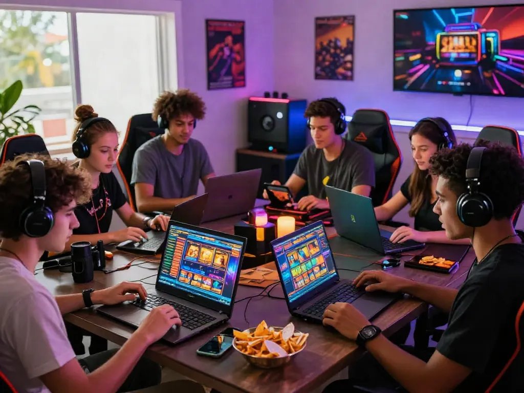 Exciting online gaming scene with friends enjoying slot games in a vibrant room.