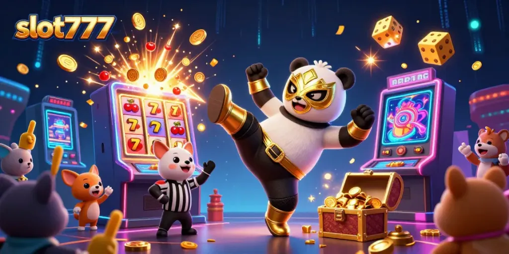 Slot777 menghadirkan aksi mendebarkan dengan panda petinju dan mesin slot yang meledak.