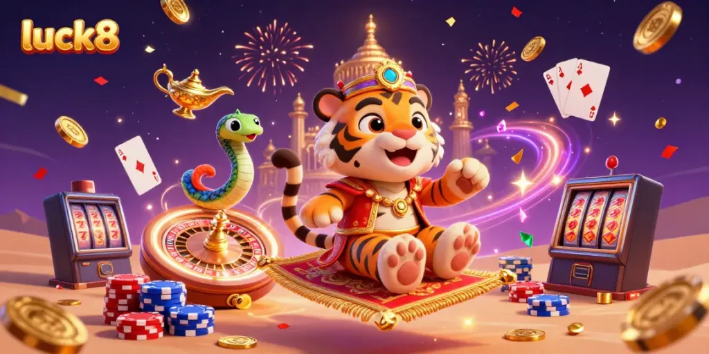 Experience excitement at a luck8 casino, with golden coins and vibrant games showcasing the thrilling atmosphere.