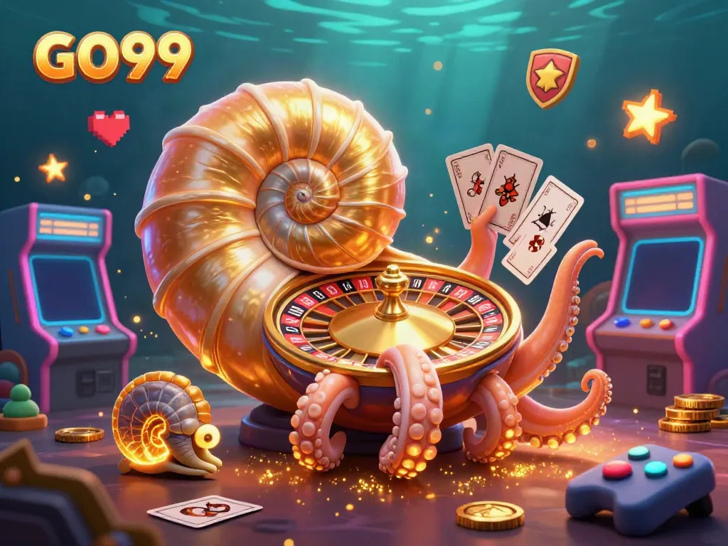 Experience the excitement of GO99 casino gaming with a vibrant 3D nautilus roulette wheel and glowing arcade elements.