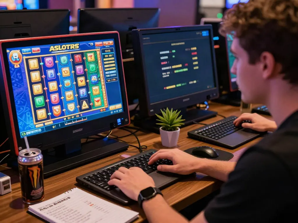 Pemain aktif dengan laptop menampilkan game slot ASLOTRE dan notifikasi pola menang.