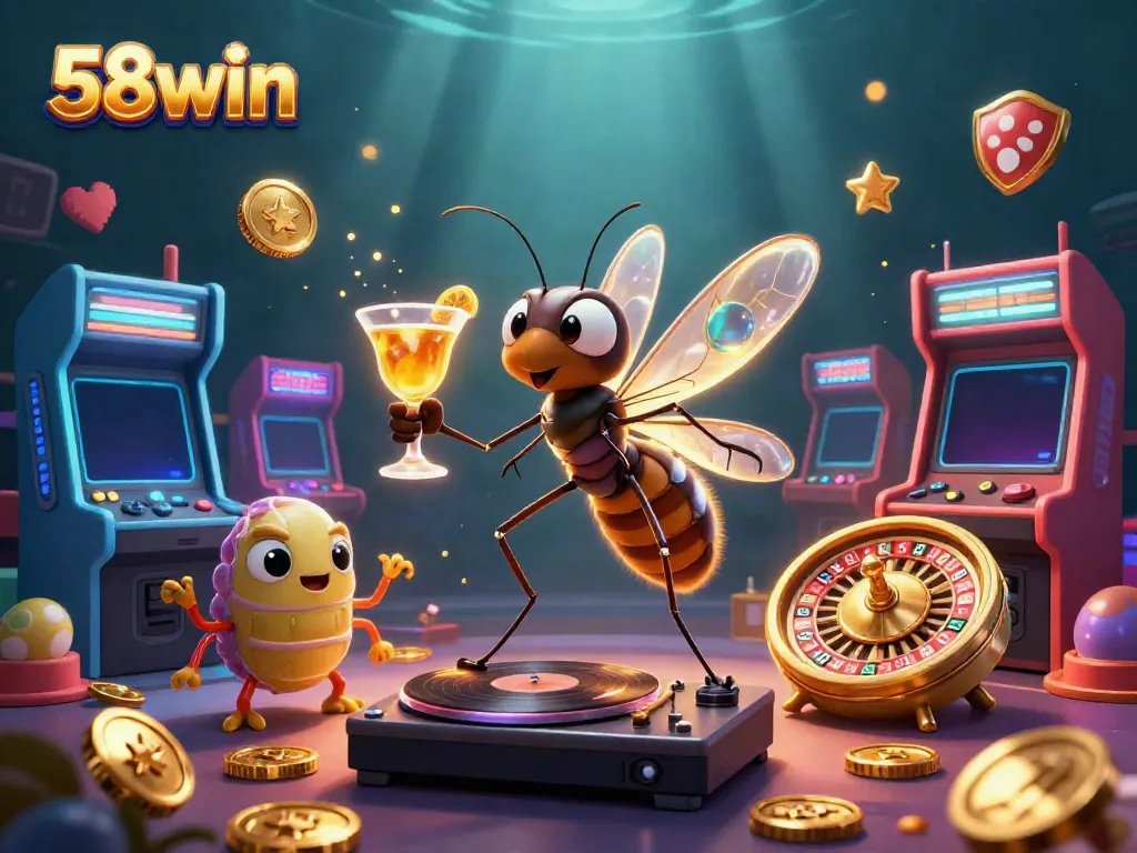 Experience excitement at 58win with a lively casino scene featuring animated characters and vibrant game elements.
