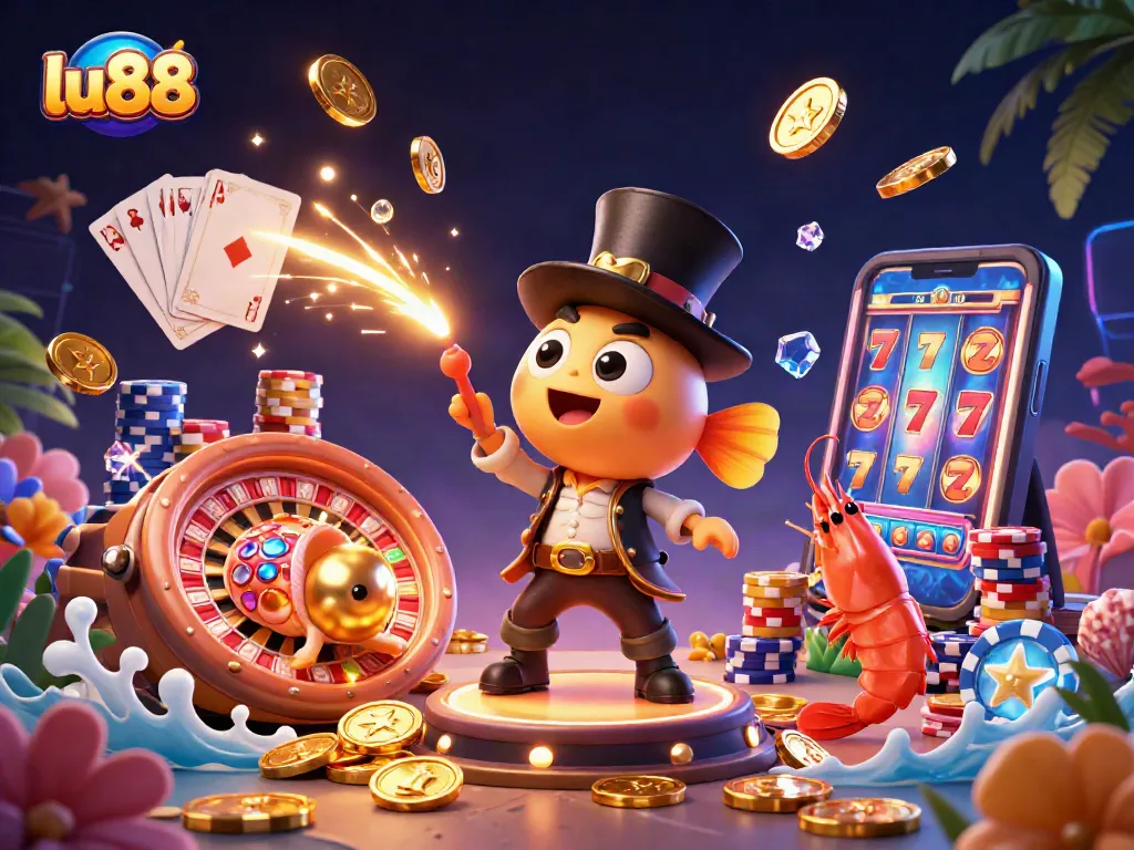 Win big at lu88 with an enticing 3D casino-themed illustration showcasing vibrant characters and dynamic gaming elements.