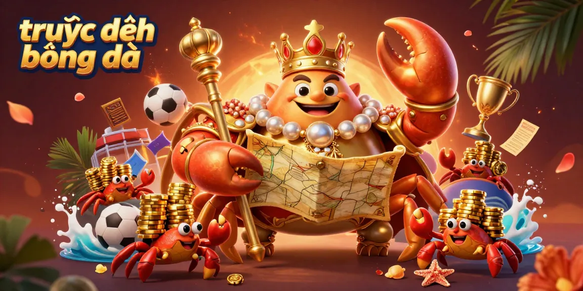 Bet on trực tiếp bóng đá with 3D cartoon crab emperor and vibrant casino elements in a dynamic scene.