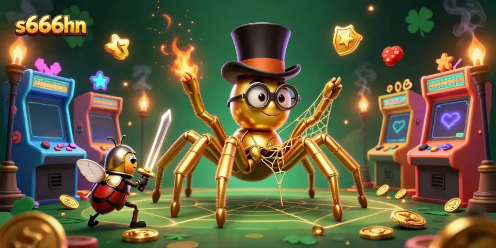 Engage in thrilling gameplay with s666hn's vibrant casino scene featuring unique 3D characters and elements.