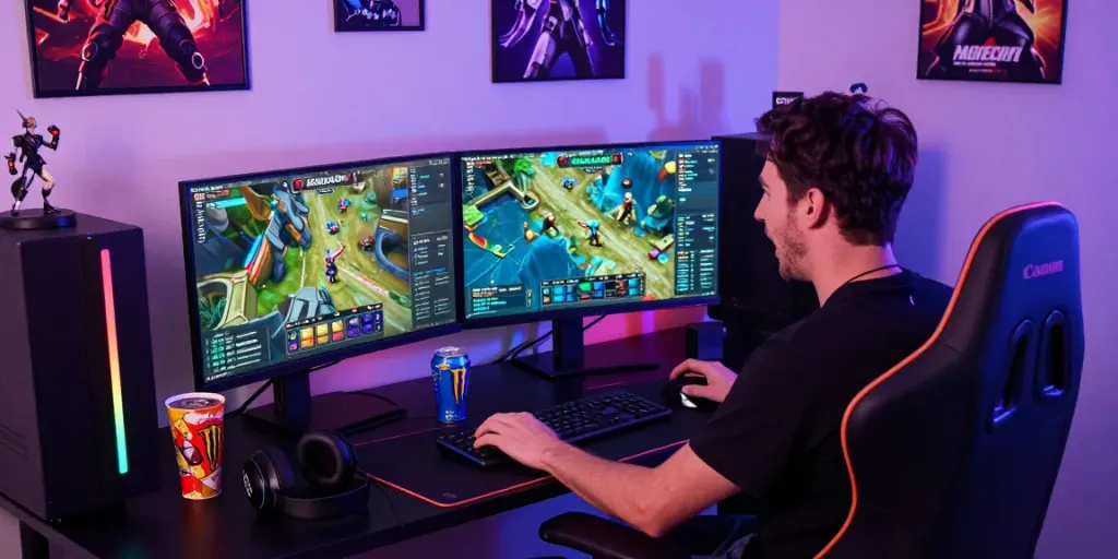 Gamer engaged in garuda404 game at dynamic setup with dual monitors and gaming merchandise.