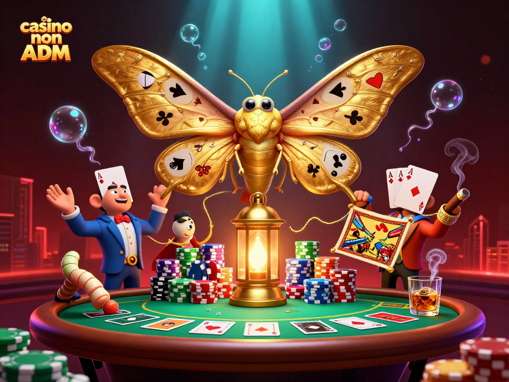 I giocatori si sfidano nei casino non ADM, con mazzi di carte e colori vivaci che riempiono l'illustrazione.